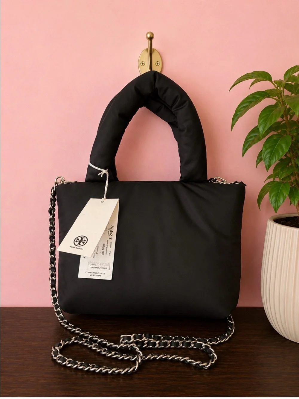 Tory Burch Black Quilted Puffer Mini Tote with Detachable Chain Strap